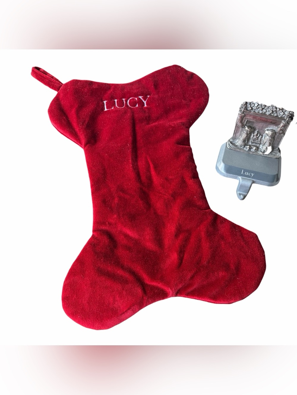 Pottery Barn “Lucy” Velvet Dog Stocking and “Lucy” Stocking Holder Engraved